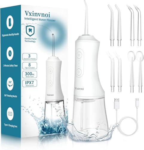 Vxinvnoi Cordless Water Flosser,with Gentle Pulse Technology for Sensitive Gums,300ML Electric Flosser with 8 Adjustable Nozzles and 3 Modes for Oral Cleaning and Braces Care