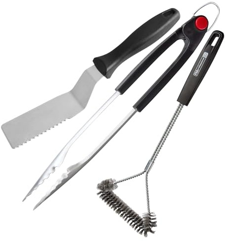 FMprofessional Set di utensili per barbecue e grigliate, pinza con blocco, paletta seghettata e spazzola a Y per pulire, utensili per BBQ resistenti alle alte temperature, lavabili in lavastoviglie