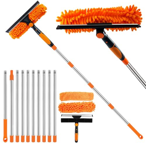 Window Squeegee Cleaning Equipment, 4.5M Extendable Window Cleaning Pole for Glass, Silicon Scraper and Microfiber Pad Combo, Professional Cleaner Kit for Indoor/Outdoor High Window Car Home (Orange)