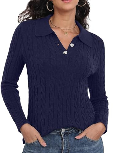 GRECERELLE Women's Knit Jumper Polo Neck | Cable Knit Long Sleeve, Casual, Pullover, Tops, for Fall Winter
