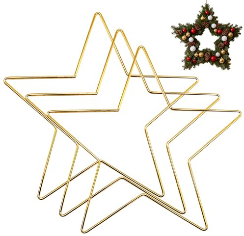 3 Stück Metallring Stern zum Basteln, Hängende Metallsterne Fenster Deko, Stern Kranz Rahmen Pentagrammförmige Kranzringe für Thanksgiving Weihnachten Neujahr Hochzeit (Gold,30CM)