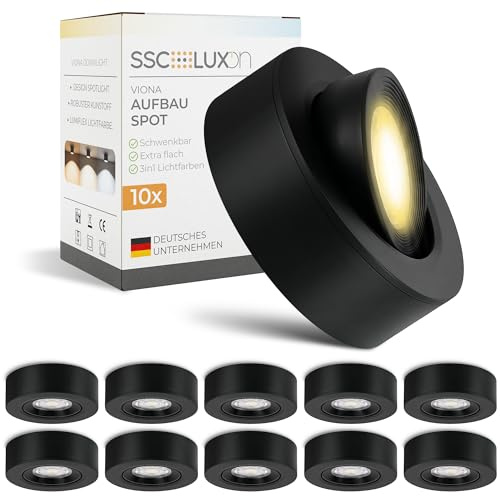 SSC-LUXon 10er Set VIONA LED Aufbaustrahler flach schwarz schwenkbar - Aufbauspot warmweiß, neutralweiß, tageslichtweiß