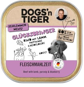 Dogs'n Tiger Bol porte-bonheur pour chien adulte, bœuf et agneau avec panais et myrtilles, 60 % de viande, sans céréales, sans sucre ajouté et conservateurs artificiels – 20 × 150 g