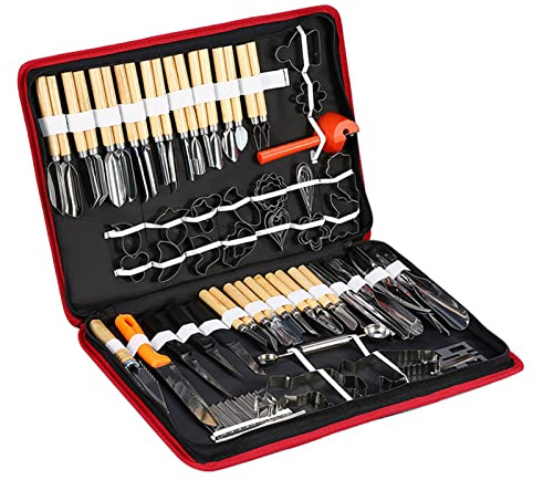 LUCKDANO 80-teiliges Schnitzwerkzeug-Set, Professionelles Chromstahl-Obst-Gemüse-Garnieren, Schneiden, Schneiden mit Holz-Kunststoffgriff für Köche, Restaurants, Hotels