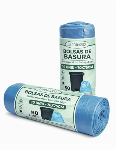 JARDIN202 - Bolsas de basura 50 litros con autocierre azul 70x75 cm 10 unidades resistentes y antigoteo para uso doméstico y profesional | Pack 5 uds