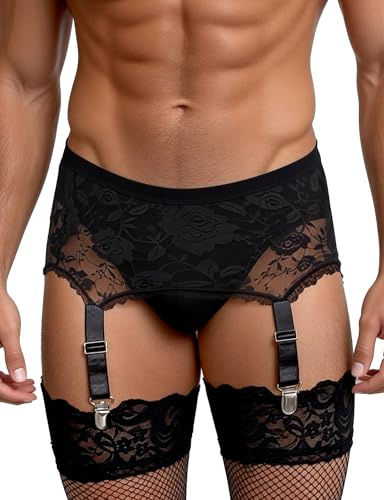 comeondear Porte-Jarretelles Homme Sexy avec 6 Pinces Jarretières Dentelle Grande Taille Ensemble de Porte Jarretelle Taille Haute Dessous Guêpière Curvy Lingerie Tenue Hot