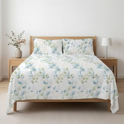 Etrexonline Conjunto de Sábanas 4 Piezas Cama 150 cm - Microfibra Ultra Suave Incluye 1 Bajera 150x200+28 cm, 1 Encimera 230x270 cm, y 2 Fundas de Almohadas 50x90 cm - Color Hojas Eucalipto