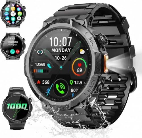 Montre Connectée Homme, Militaire Smartwatch avec LED Lampe, 1000mAh | 1.53 HD avec Appel Bluetooth, Etanche IP68, Fréquence Cardiaque, Sommeil, 110+ Sportifs, Montre pour Android iOS