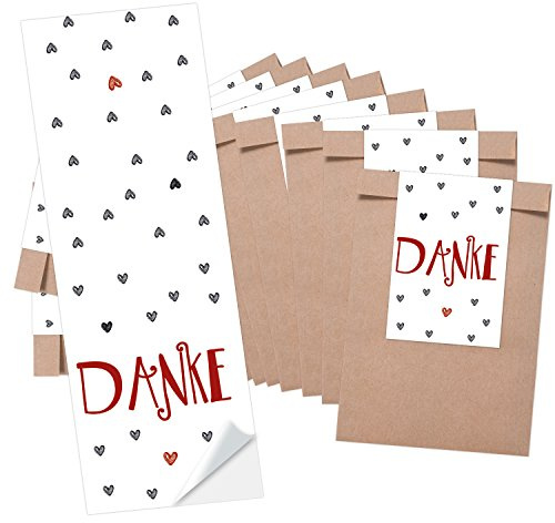 Logbuch-Verlag 25 kleine braune Papiertüten + 25 DANKE rot grau Herzen Aufkleber Banderolen Geschenktüte give-away Gastgeschenk Kraftpapier weiß braun 8,5 x 13 cm