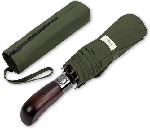 Balios® Prestige Travel Umbrella, Real Wood Handle, Auto Open & Close, Vented Windproof Double Canopy, Designed in UK (Olive Green with Real Wood Handle)