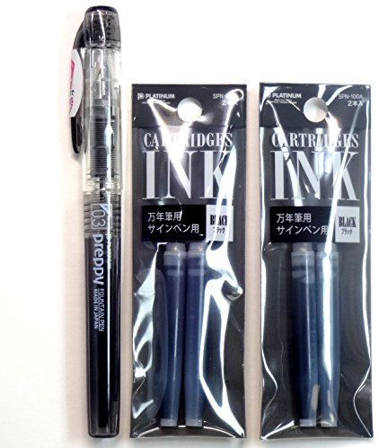 Platinum Fountain Pen, New Preppy, Fine Nib, Black(PSQ-300#1) + Ink Cartridges SPN-100A#1 (Black) Set (Japan Import) [Komainu-Dou Original Package]