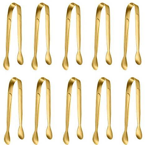 10 Pack Small Ice Tongs Sugar Tongs, Stainless Steel Mini Serving Appetizers Tongs for Party Coffee Tea Wine Bar Kitchen (Golden)