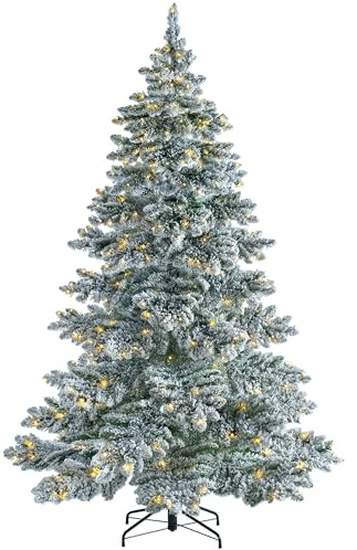 WeRChristmas 7ft Pre Lit Christmas Tree Snow Flocked, Warm White LEDs | Snow Flocked Christmas Tree, Over 1,000 Mixed PE & PVC Tips, 600 Warm White LEDs, Woodland Alpine Design, 2.1m