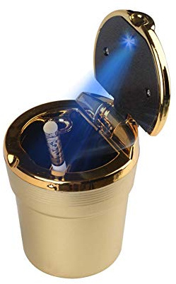Auto Car Ashtray, Portable Blue LED Light Car Ashtray Cup Holder with Lid, Vehicle Cigarette Ashtray Ash for Home Office (Gold)