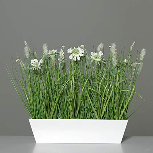 mucplants Künstliches Wiesenblumengrassortiment Creme in weißer rechteckiger Kunststoffschale Höhe:41cm Kunstblumen Ziergras Kunstgras Wiesenblumen Wiesenblumengras