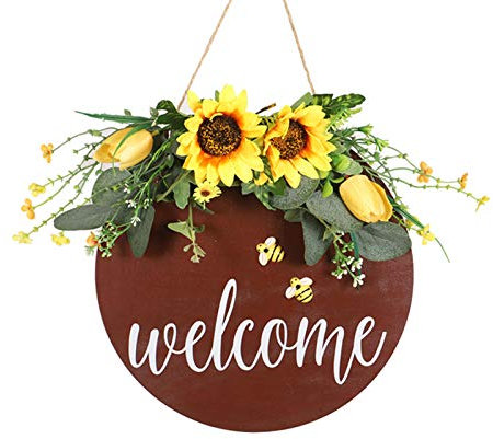 HUIKJI Cartello di Benvenuto, Farmhouse Welcome Sign Ghirlanda rustica con fiori di girasole, per casa, ristorante, primavera, estate, 32 cm