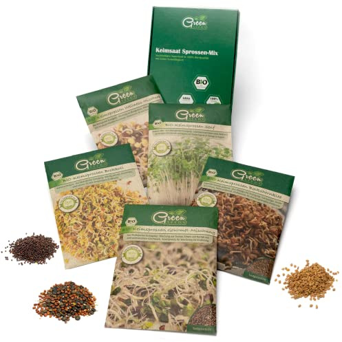 Green SEEDS Bio Keimsprossen Saatgut 5er Set in nachhaltiger Graspapier-Verpackung (Brokkoli, Bockshorn, Senf, Gourmet, Wellness-Mix)