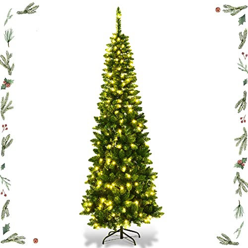 GYMAX Albero di Natale Slim 200 cm, 250 Luci Incorporate, Luce Calda Bianca, 708 Rami Folti in PVC, Design Automatico e Divisibile per Montaggio e Trasporto, Supporto Pieghevole in Ferro, Verde