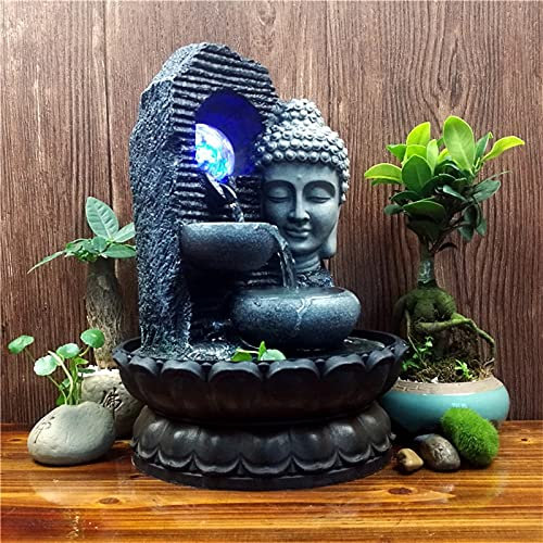 zxb-shop Water Fountain Desktop Ornament Resin Buddhist Statue Water Flowing Rockery Fountain Garden Micro Landscape Decor Led Light Fengshui Ball Good Luck Ornament Zen Meditation Fountain Crafts