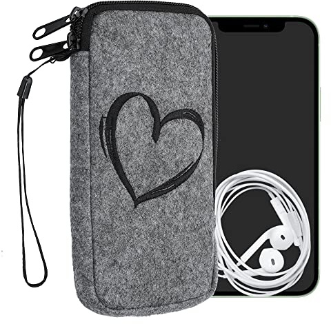 kwmobile Handytasche für Smartphones XL - 6,7/6,8 - Handy Filztasche - Herz Brush Schwarz Hellgrau - Innenmaße