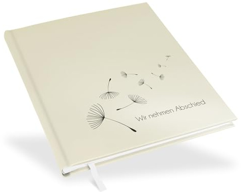Marthiesens® Edles Gedenkbuch in brilliant beige | Prägung schwarz Wir nehmen Abschied mit Pusteblumen | wattiertes Hardcover | Format 21 x 25 cm | 100 Seiten (50 Blatt) hochwertiges Papier