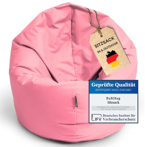 BuBiBag 2in1 Sitzsack L - XXL mit Füllung für Kinder & Erwachsene, Gaming Beanbag & Bodenkissen für Indoor & Outdoor Sessel Pflegeleicht & Wasserabweisend M BIS 6 Jahre (Ø 85 cm Puderrosa)