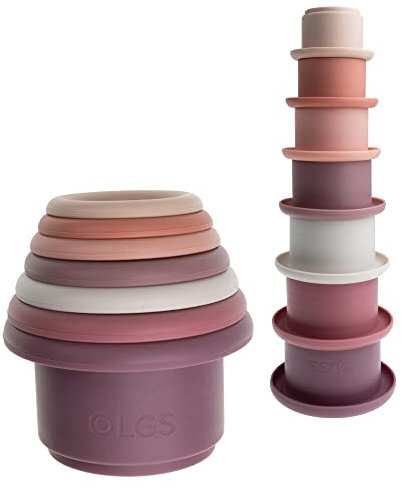 OLGS Silikon Stapelbecher Spielzeug für Kinder | Baby Stapelturm 7 Teile zum Bauen Rose | Lernspielzeug, Badespielzeug | Stapelspielzeug, Motorikspielzeug für Junge Mädchen | Frühförderung ab 6 Monate