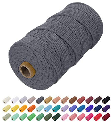 Uiopa Makramee Garn 2mm x 200m, Baumwollkordel Farbig Baumwollgarn Geflochten Baumwollseil, Natürliche Baumwollschnur für Wandbehang, Vorhang, Traumfänger, Hängepflanze, Deko (Grau)