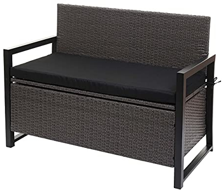 Mendler Poly-Rattan 2er Sitzbank HWC-F39AM - grau, Kissen schwarz | Gartenbank, Truhenbank, Staufach, Aufbewahrung, Sitzkissen