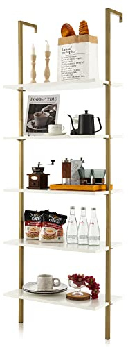 Tangkula 5-Tier Bookshelf, Modern Wall Mounted Ladder Shelf, 5 Tiers Wood Wall Open Bookcase with Metal Frame, Home Office Display Storage Shelves for Collection, Plant Flower Stand (1, White)