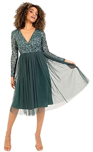 Maya Deluxe Midi Elegant Hochzeit Ärmel Tiefer V Ausschnitt Pailletten Cocktailkleid Abschlussball Brautjungfernkleid