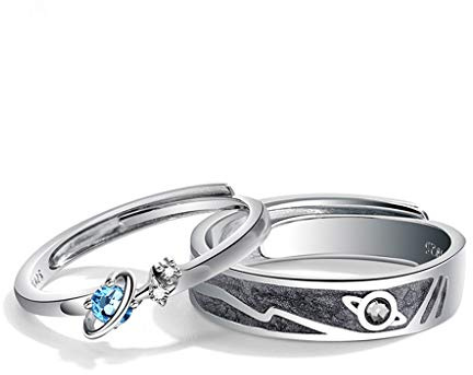 haiaxx 2 Piezas Saturno Planeta y Estrellas Universo 925 Anillos de Plata de Ley para Amantes, Conjunto de Bandas, Anillos para Amantes, Juego a Juego, mar Azul
