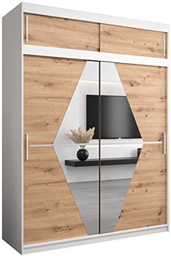 KRYSPOL Schwebetürenschrank Boliwia 180 cm mit Spiegel Kleiderschrank mit Kleiderstange und Einlegeboden Schlafzimmer- Wohnzimmerschrank Schiebetüren (Weiß + Artisan Eiche mit Erweiterung)