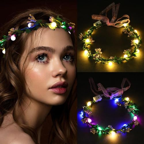 Yean Leuchtendes Haarreif, LED-kronen-Stirnbänder,leuchtender Blumenkranz, Kopfschmuck, Festival, Rave, Haarschmuck für Damen (Perle)