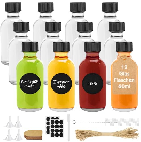 Furuising Shot Flaschen Zum Befüllen, 12 x 60ml Ingwer Flaschen, Kleine Glasflaschen mit Deckel, Shot Gläser mit Deckel, Inkl. 4 Trichter, 12 Etiketten, 1 Reinigungsbürste & 1 Stift
