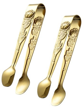 Alipis 2pcs Stainless Steel Food Tongs Mini Serving Ice Cube Clips Rose Pattern Gold Multipurpose Ice Tube Clip for Home Kitchen