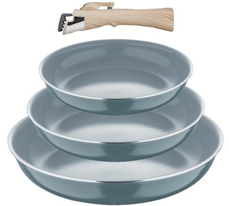 BERGNER, Set 4 padelle, 18, 20, 24 cm, con manico staccabile, Alluminio riciclato pressato, Rivestimento PPG Fusion, Compatibile con l'induzione, Verde