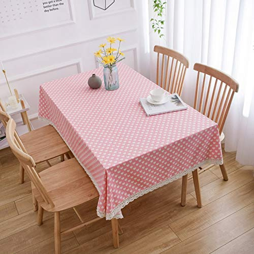 Homxi Tischdecke Rechteckige Outdoor 140 W x 180 L cm,Tischwäsche Rosa Herzmuster mit Spitze Leinen Baumwolle Outdoor Tischdecke