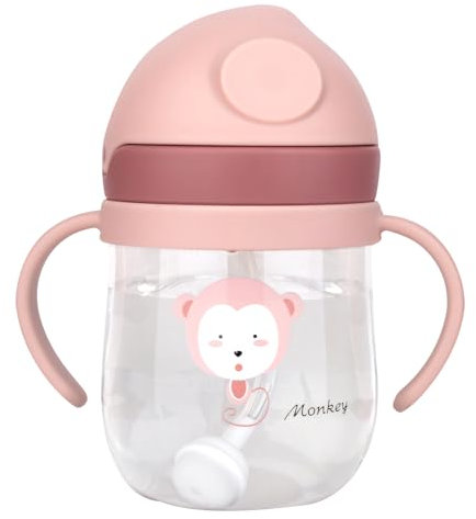 Trinklernbecher 250ml mit Drehbare Griff, 360° Auslaufsicher Trinkflasche für Kleinkinder mit Strohhalm, BPA-frei, Silikon Trinkbecher für Baby und kinder, Baby Strohhalmflasche ab 6 Monate (Rosa)