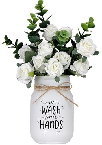 XunYee Rustic White 16.9 oz Mason Jar Vase with Flowers, Wash Your Hands Decor