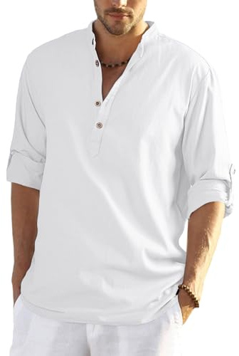 YAOHUOLE Hommes Chemises en Lin Manches Longues Uni Henley Shirts Chemise en Lin Homme Été Blanc M