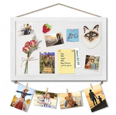 White Cork Board Pin Board, Small Cork Boards for Walls Wood Framed Display Hanging Pin Board, Pin Notice Board for Home Bedroom Office Wall, Including 10 Pushpins, Linen Ropes, Traceless Hooks, etc