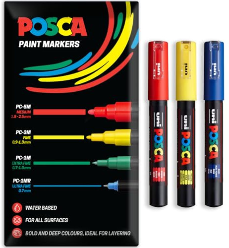 POSCA Permanent-Marker auf Wasserbasis, für verschiedene Oberflächen, PC-1M, Packung mit 3 Stiften in Brieftasche (Rot, Gelb, Blau)