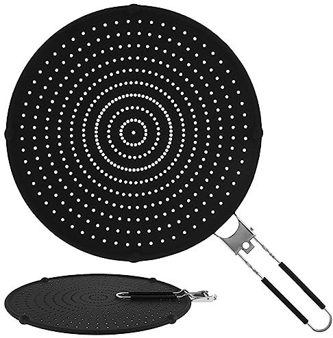 Silicone Splatter Screen for Frying Pan 32cm Universal Frying Pan Splatter Guard with Foldable Handle Multi-Use Heat Resistant Frying Pan Cover for Cooking & Frying Prevents Mess and Oil Splashes