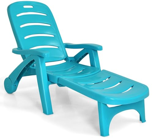 Multigot Folding Sun Lounger, 5-Position Adjustable Outdoor Deck Chair with Wheels, Portable Plastic Sunbathing Recliner Garden Lounge Chair for Beach Yard Patio (Turquoise)