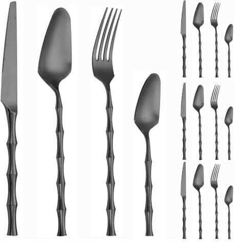 MMRTDJDR Imitation Bamboo Handle Handle Cutlery Set Cuisine Cuisine en Acier Inoxydable Argenne Argent-Table Ensemble de couvercles avec Un Couteau à Steak Fork cuillère à café d'or 4 pièces 16