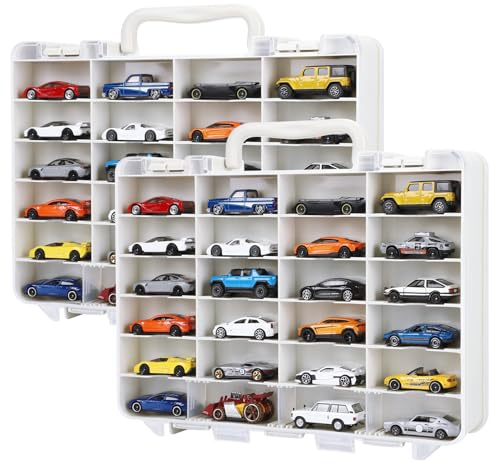 Saichotoy Storage Case for Hot Wheels - Carrying Display Case for 1/64 Scale Toy Cars, 48-Slot Double-Sided Transparent Organizer with Built-in Steps & Adjustable Dividers (2 Packs)