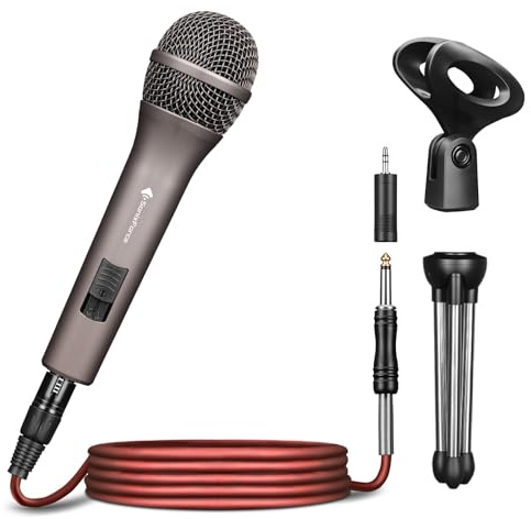 SonixForce - Dynamic karaoke microphone with 15ft cable compatible with DVD mixer amplifier suitable for voice and outdoor activities (Titanium Gray)