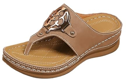 Generisk tåseparator damer med kilklack pantoletter damer sommar eleganta bekväma sandaler platta sula sandaler lätta kilsandaler vattentäta strandsandaler andas tofflor, BRUN, 37 EU