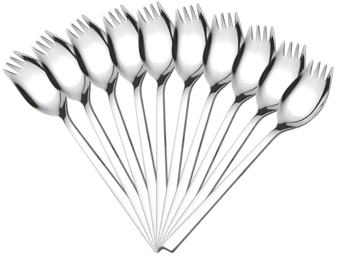 10 x Edelstahl-Göffel, 2-in-1-Multifunktions-Metall-Göffel, langer Griff, Salatgabellöffel, Camping-Göffel für Camping, Zuhause, Reisen